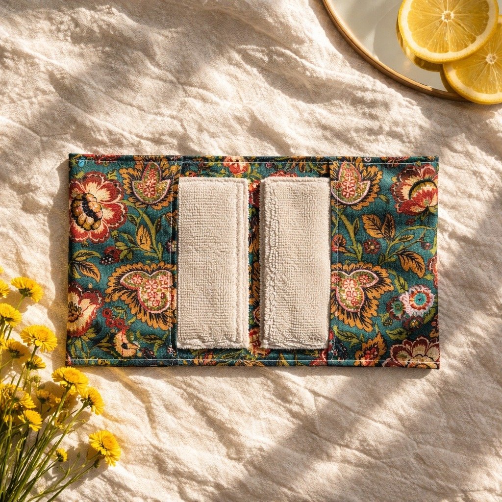 Pochette de 6 lingettes démaquillantes lavables - coton imprimé vert bouteille avec fleurs et arabesques et bambou ficelle