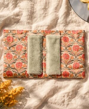 Pochette de voyage contenant 6 lingettes démaquillantes lavables - imprimé fleurs corail/rose sur fond beige et bambou ficelle