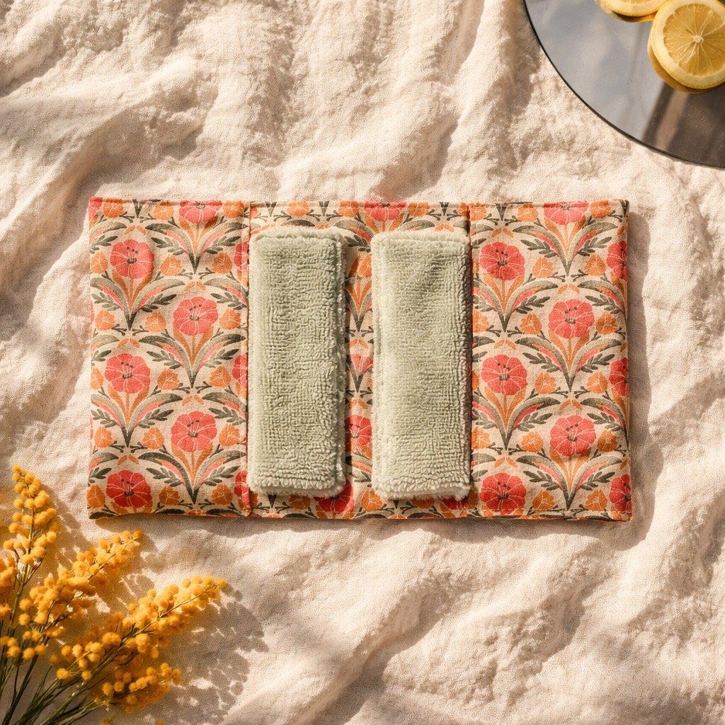 Pochette de voyage contenant 6 lingettes démaquillantes lavables - imprimé fleurs corail/rose sur fond beige et bambou ficelle