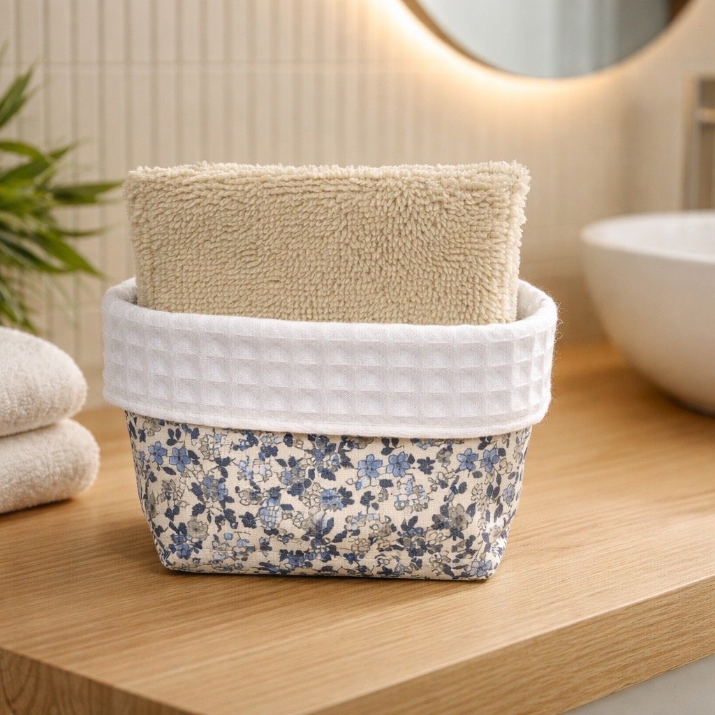 Panière de 10 lingettes démaquillantes avec bambou de couleur ficelle - fleurs bleues sur fond blanc avec nid d'abeille blanc