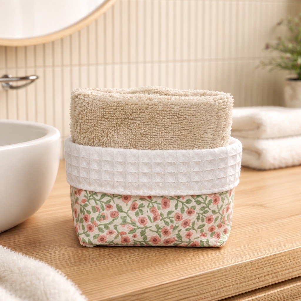 Panière de 10 lingettes démaquillantes - coton imprimé fond écru avec petites fleurs roses, nid d'abeille blanc et bambou Oeko-tex ficelle