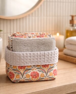 Panière de 10 lingettes démaquillantes lavables composé d'un coton indien (imprimé de fleurs corail et feuillage taupe, nid d'abeille écru, bambou ficelle