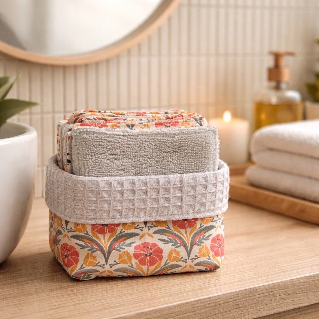 Panière de 10 lingettes démaquillantes lavables composé d'un coton indien (imprimé de fleurs corail et feuillage taupe, nid d'abeille écru, bambou ficelle