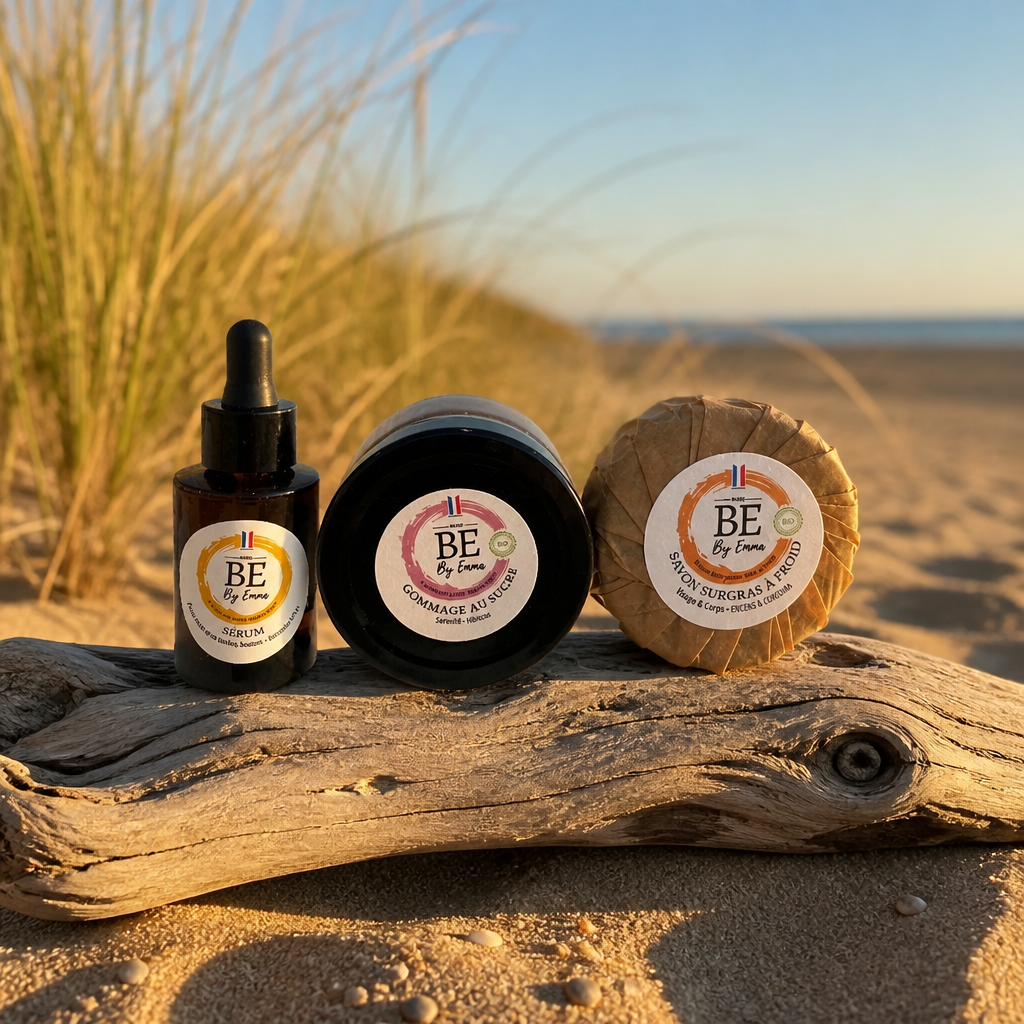 Coffret soin quotidien pour peau mature composé de 3 produits : un savon, un gommage et un sérum adaptés.