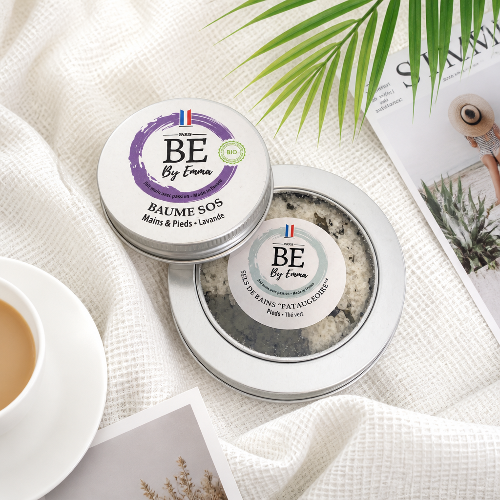Coffret soin des pieds avec un baume nourrissant et hydratant et des sels de bains de pieds