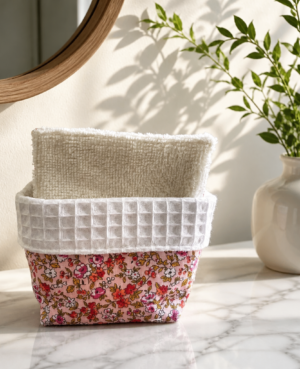 Panière de 10 lingettes démaquillantes en bambou Oeko-tex, motif fleurs roses