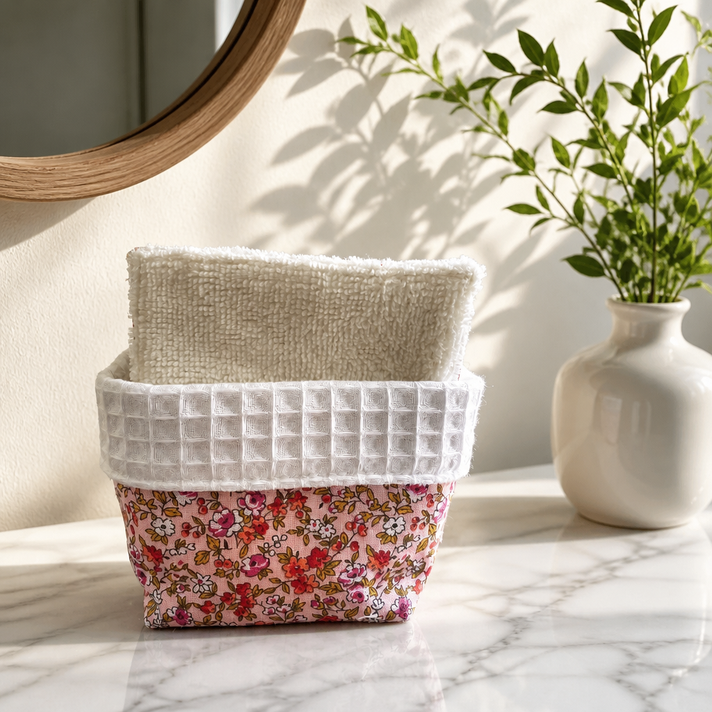 Panière de 10 lingettes démaquillantes en bambou Oeko-tex, motif fleurs roses